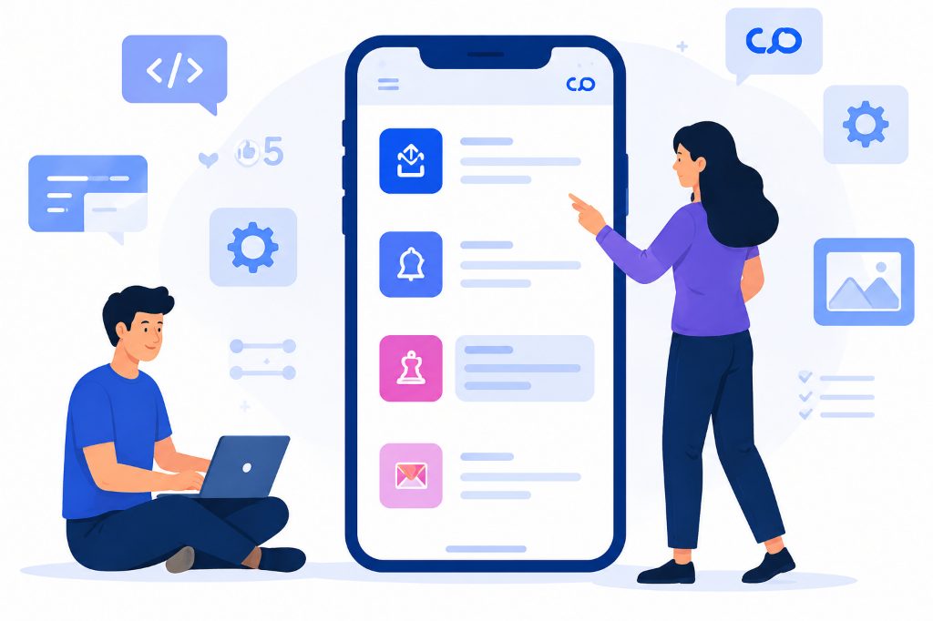 Developers building a mobile dashboard app design illustration